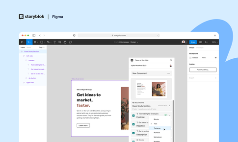Screenshot of a design interface in Figma, showing a Storyblok project with a layout editor and various design tools on the side.