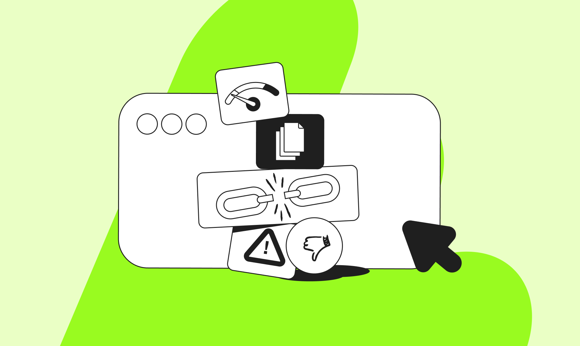 Illustration of a browser window with icons with a performance meter, duplicated documents, broken link, warning, and thumbs down on a green abstract background.