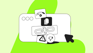 Illustration of a browser window with icons with a performance meter, duplicated documents, broken link, warning, and thumbs down on a green abstract background.