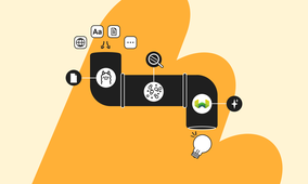 Stylized illustration of a curved pipeline with icons, including text, web, magnifying glass, and ideas, on an orange and beige background.