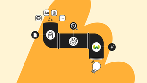 Stylized illustration of a curved pipeline with icons, including text, web, magnifying glass, and ideas, on an orange and beige background.
