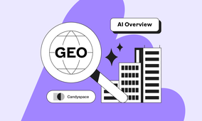 Illustration of a magnifying glass over "GEO" with buildings, a "Candyspace" toggle, and "AI Overview" text on a purple background.