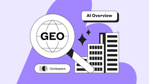 Illustration of a magnifying glass over "GEO" with buildings, a "Candyspace" toggle, and "AI Overview" text on a purple background.