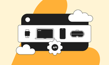 Icons of a smartwatch, laptop, smartphone, and VR headset connected by an API gear, with clouds and an orange abstract background.