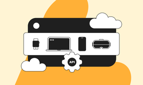 Icons of a smartwatch, laptop, smartphone, and VR headset connected by an API gear, with clouds and an orange abstract background.