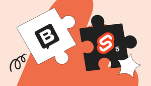 Two interlocking puzzle pieces, one white with a "Storyblok" speech bubble, and one black with an "svelte" logo, on an abstract orange background.