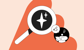 Illustration of a magnifying glass with a star inside, next to a person with a thumbs-up and lightbulb speech bubble, on an abstract orange background.