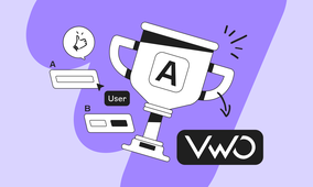 Illustration of a trophy with "A" on it, speech bubbles, a thumbs-up icon, and "VWO" logo on a purple background.