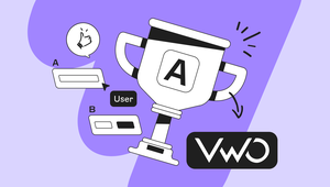 Illustration of a trophy with "A" on it, speech bubbles, a thumbs-up icon, and "VWO" logo on a purple background.