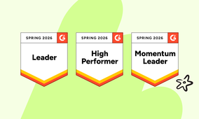 Three G2 badges for Spring 2026: Leader, High Performer, and Momentum Leader, on a light green background with a star doodle.
