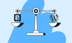 Illustration of a balance scale with a "B" icon on the left and a "W" icon on the right, set against a blue abstract background.