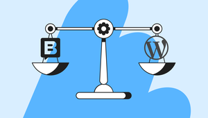 Illustration of a balance scale with a "B" icon on the left and a "W" icon on the right, set against a blue abstract background.