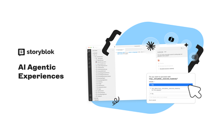 Collage of digital workspaces showcasing AI tools in action with code editors and AI-generated suggestions, alongside Storyblok branding.