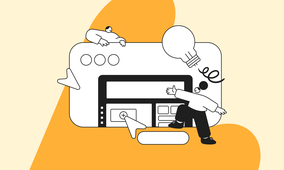 Illustration of people interacting with a web interface, featuring icons like a light bulb and arrows, set against an abstract orange and cream background.