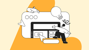 Illustration of people interacting with a web interface, featuring icons like a light bulb and arrows, set against an abstract orange and cream background.