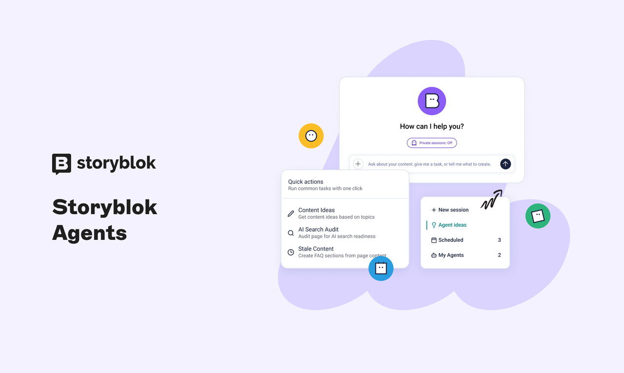 Storyblok interface with "How can I help you?" prompt, quick actions menu, new session, and content creation options.