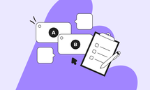 Illustration of a clipboard with checkboxes, speech bubbles labeled A and B, and a purple abstract background.