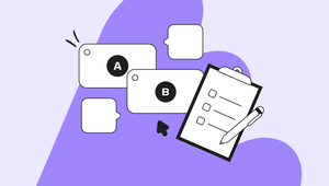 Illustration of a clipboard with checkboxes, speech bubbles labeled A and B, and a purple abstract background.
