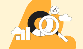 Illustration of a magnifying glass over a pie chart with bar graph, clouds, and a thumbs-up icon on an orange and beige background.