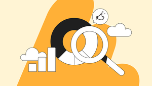 Illustration of a magnifying glass over a pie chart with bar graph, clouds, and a thumbs-up icon on an orange and beige background.