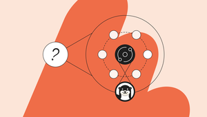 Illustration showing a circular network diagram representing content observability, with connected nodes and icons, including the Storyblok Strata and OtterlyAI icons on a red abstract background.