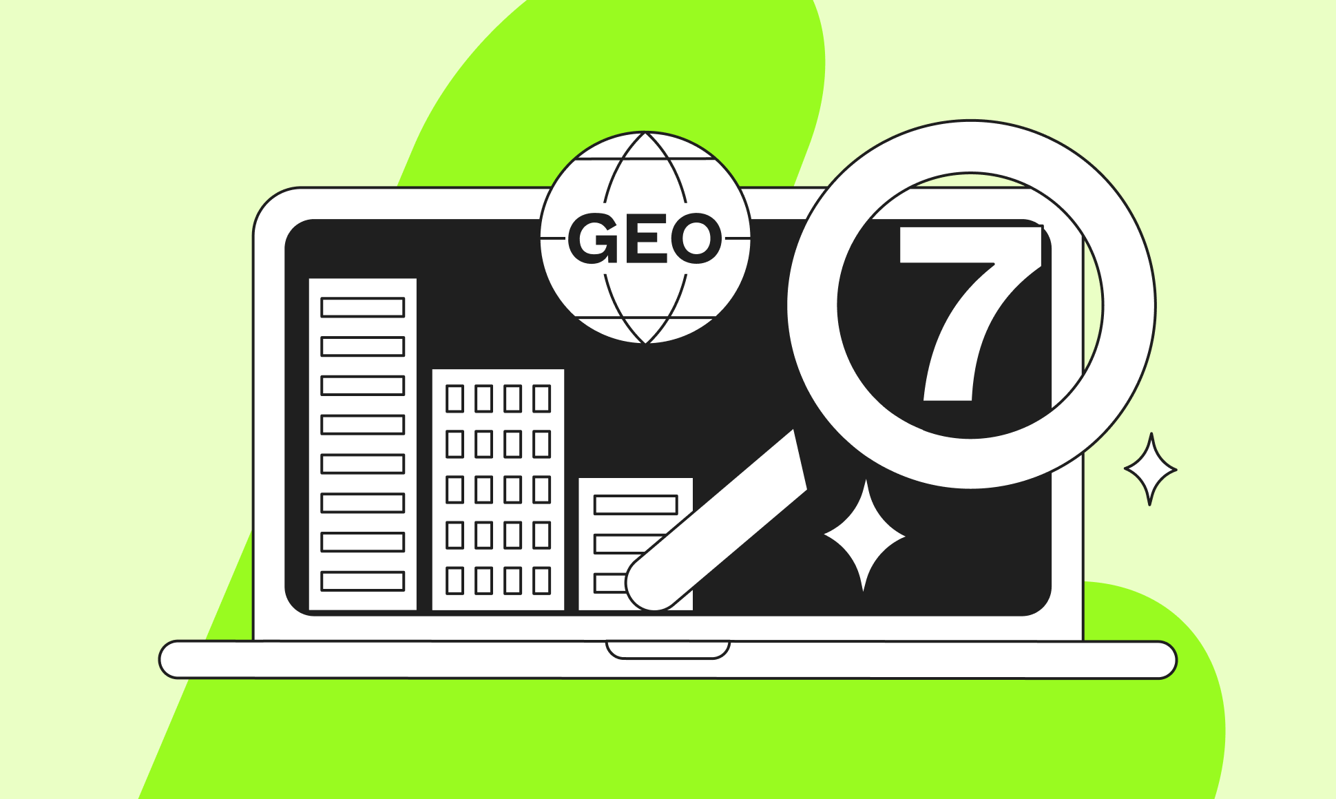Laptop with illustrated buildings, magnifying glass with number 7, and "GEO" on a globe. Bright green and light yellow background.