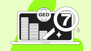 Laptop with illustrated buildings, magnifying glass with number 7, and "GEO" on a globe. Bright green and light yellow background.