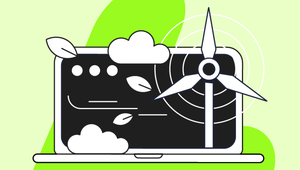 Illustration of a laptop with clouds and leaves on the screen, alongside a wind turbine, symbolizing eco-friendly technology.