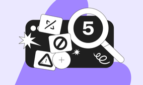 Abstract illustration with a magnifying glass, number 5, code symbols, and warning icons on a black and purple background.
