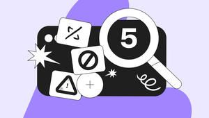 Abstract illustration with a magnifying glass, number 5, code symbols, and warning icons on a black and purple background.