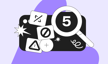Abstract illustration with a magnifying glass, number 5, code symbols, and warning icons on a black and purple background.