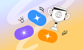 Colorful abstract shapes with a crown, trophy, and star icons on a gradient background.