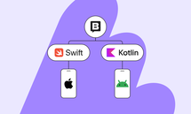 Flowchart showing app development options: Swift with Apple logo, Kotlin with Android logo, linked from a central point. Purple background.