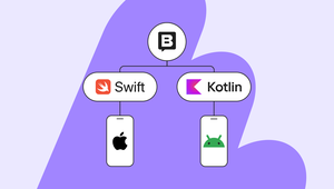 Flowchart showing app development options: Swift with Apple logo, Kotlin with Android logo, linked from a central point. Purple background.