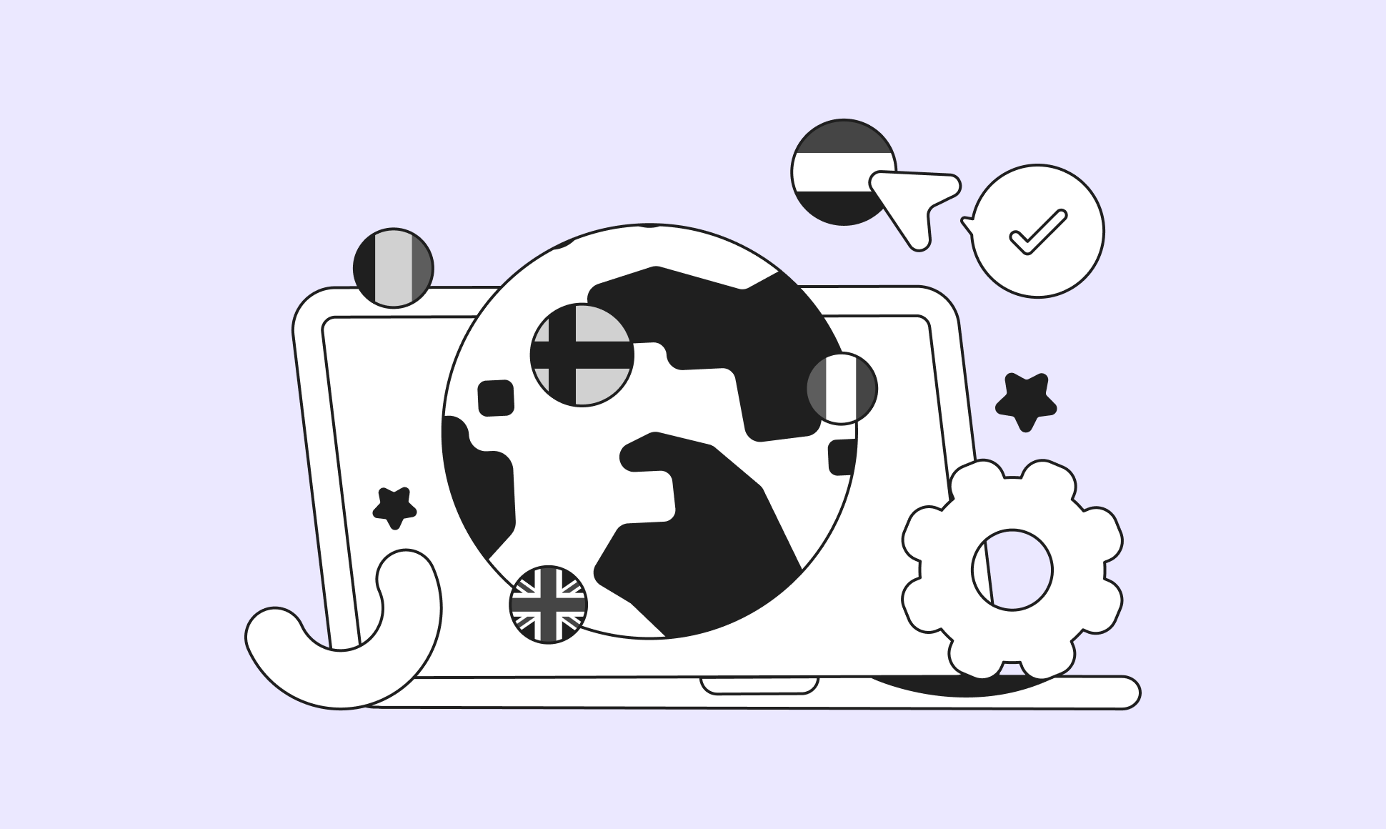Illustration of a laptop with a globe, flags, and settings gear, symbolizing global communication and online connectivity.