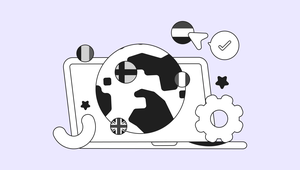 Illustration of a laptop with a globe, flags, and settings gear, symbolizing global communication and online connectivity.
