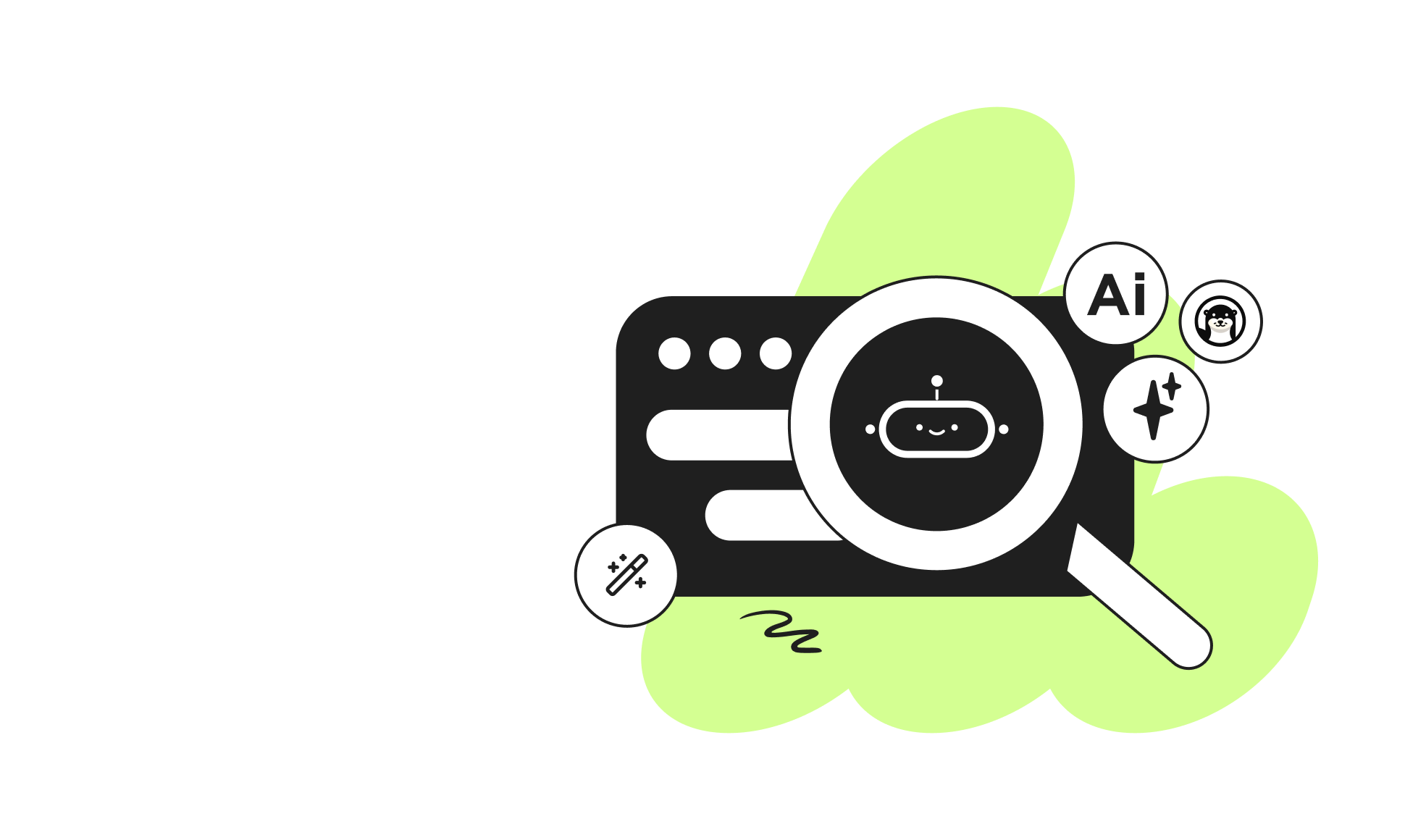 Illustration of the Storyblok AI Suite featuring a stylized interface with a magnifying glass highlighting a smiling robot icon, surrounded by AI-related symbols, set against a green abstract background with the Storyblok logo and text.