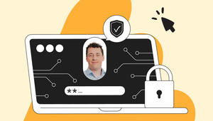 Illustration of a laptop screen with a password field, a shield icon, and a padlock, symbolizing cybersecurity.