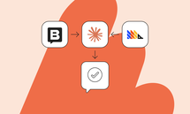 Flowchart showing three icons at the top pointing to a central icon, with an arrow leading down to a checkmark icon. Orange abstract background.