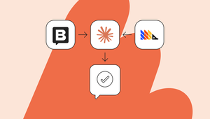 Flowchart showing three icons at the top pointing to a central icon, with an arrow leading down to a checkmark icon. Orange abstract background.
