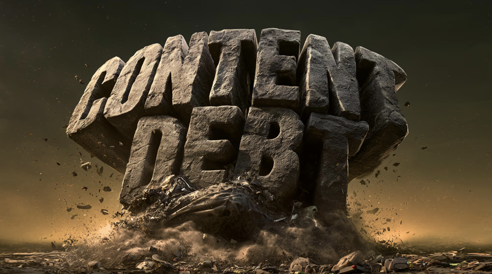 A large stone sculpture of the words "Content Debt" bursting from the ground amidst debris in a dramatic landscape.