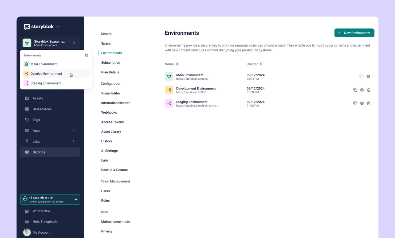 Dashboard interface showing environments in Storyblok, including Main, Development, and Staging, with creation dates and settings options.