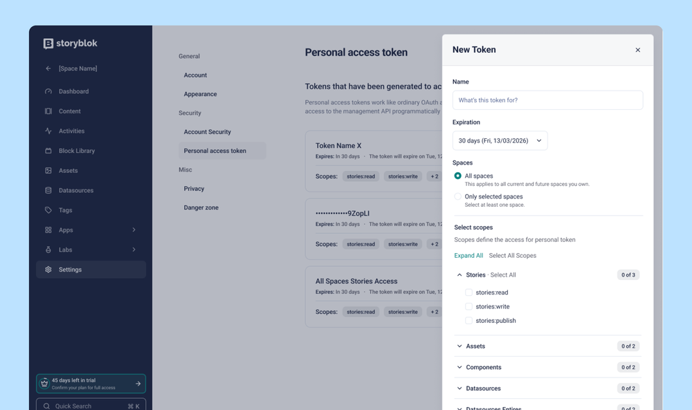 Scoped Personal Access Tokens | Storyblok