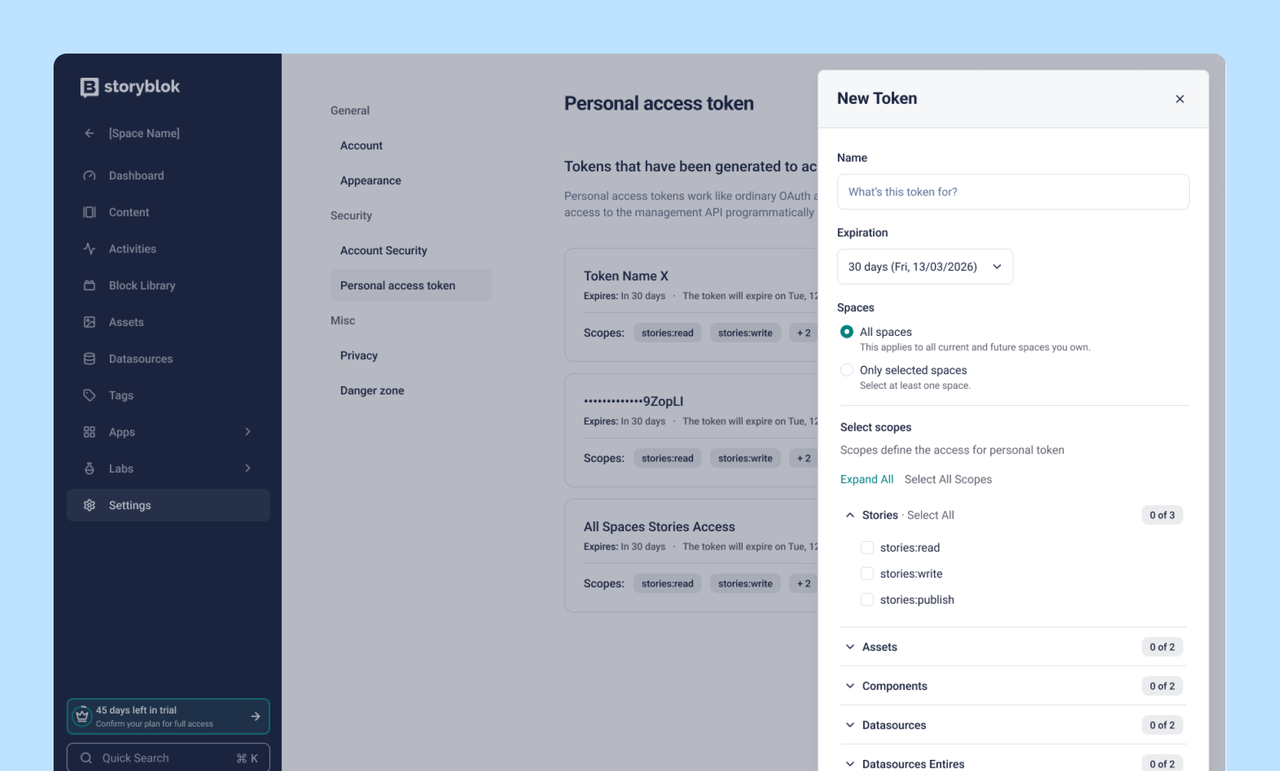 Storyblok interface showing the creation of a new personal access token with options for name, expiration, spaces, and scope selections.