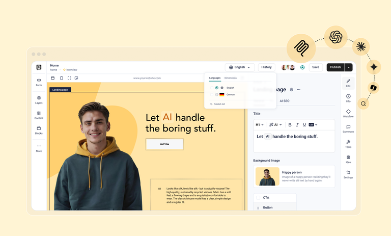 Website editing interface with a landing page preview showing a smiling person and text "Let AI handle the boring stuff." Tools and options visible.