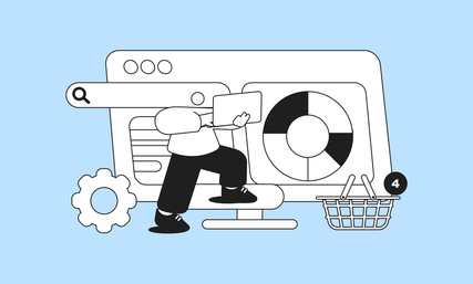 Illustration of a person analyzing data on a computer screen with a pie chart, search bar, gear icon, and a shopping basket indicator with "4".