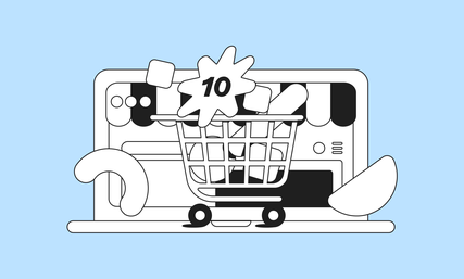 Shopping cart with product icons and a "10" symbol on a laptop screen, set against a light blue background.