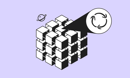 A 3D cube pattern with a circular recycle symbol magnified above it and a small planet icon on the left, set against a purple background.
