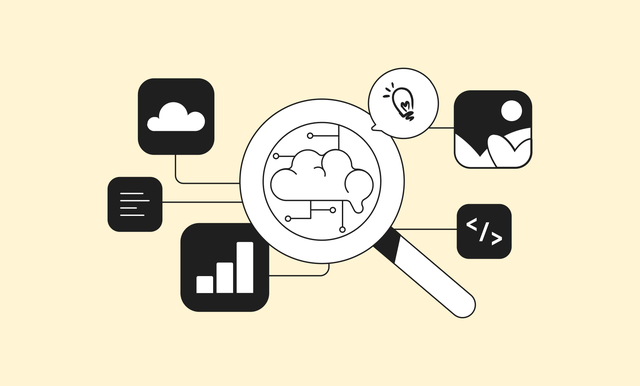 A magnifying glass analyzes a cloud connected to icons representing a light bulb, text, chart, code, and image, signifying data analysis and insights.
