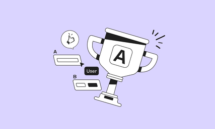 Illustration of a trophy marked "A," with chat bubbles, a thumbs-up icon, and a user label on a light purple background.